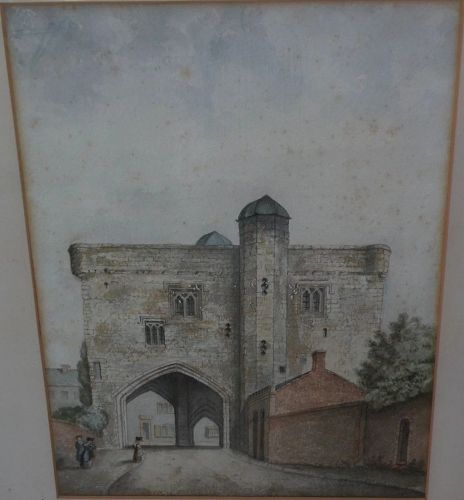 English art mid 19th century detailed watercolor castle and figures