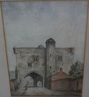English art mid 19th century detailed watercolor castle and figures