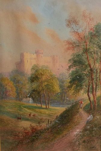English circa late 1860 watercolor of castle in a landscape with figures signed A. WATTS
