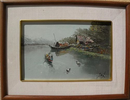 Asian art small impressionist painting of a canal in Thailand with houseboat and ducks