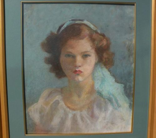 American art vintage circa 1915 fine pastel portrait of a young girl