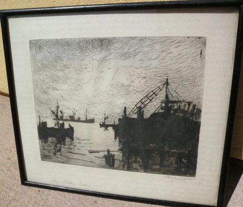 PHILIP LITTLE (1857-1942) pencil signed 1915 etching "Dawn Portland Harbor" by well listed and collected New England artist
