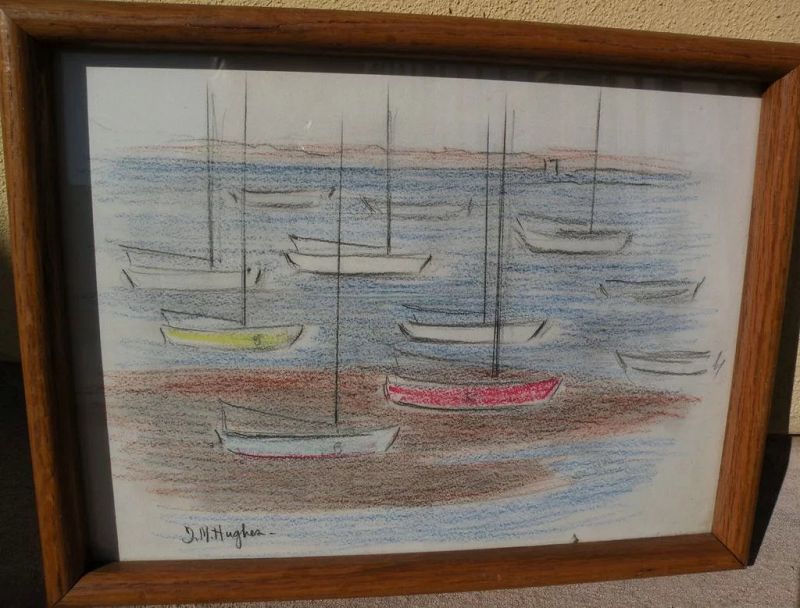 DAISY MARGUERITE HUGHES (1882-1968) color crayon sketch of small boat anchorage probably Cape Cod Massachusetts