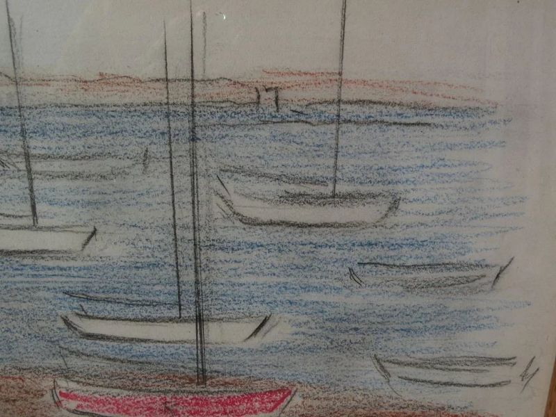 DAISY MARGUERITE HUGHES (1882-1968) color crayon sketch of small boat anchorage probably Cape Cod Massachusetts