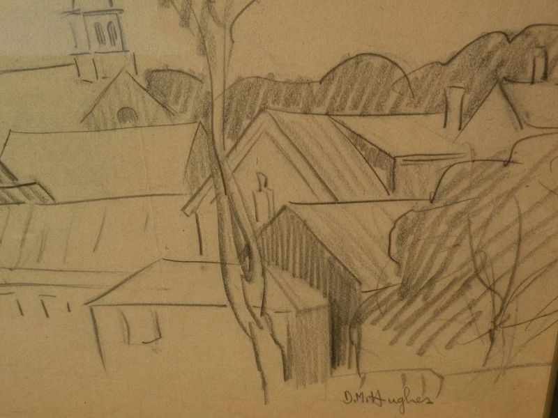 DAISY MARGUERITE HUGHES (1882-1968) charcoal sketch of houses and church in a landscape