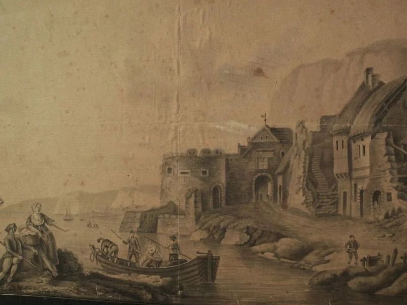 Antique signed 18th century ink old master style drawing coastal harbor and figures