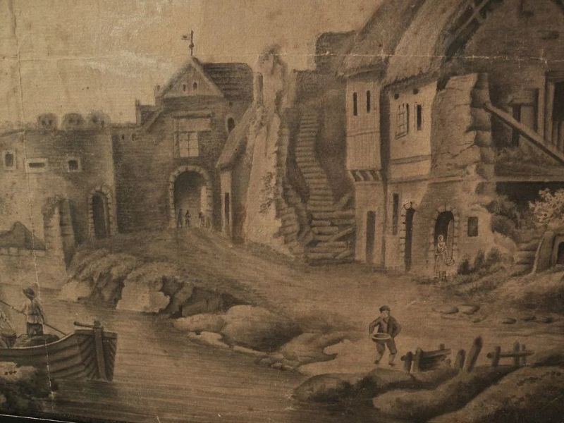 Antique signed 18th century ink old master style drawing coastal harbor and figures