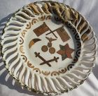 American folk art circa 1890's plate with unique hand applied imagery made from postage stamps