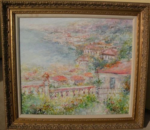 Contemporary impressionist large painting of Mediterranean coast town