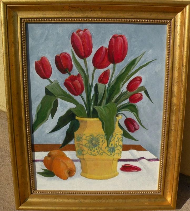 Floral contemporary still life painting tulips in decorative yellow vase