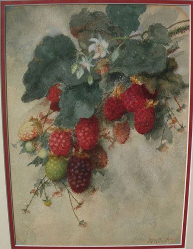 Antique American art PAIR signed still life watercolors of raspberries and cherries