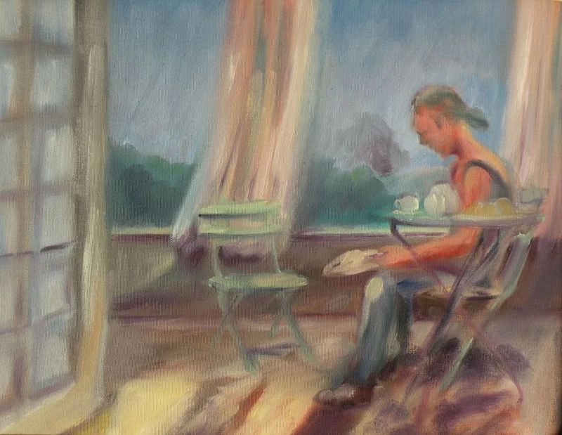 Contemporary American art impressionist painting of seated figure on a breezy terrace