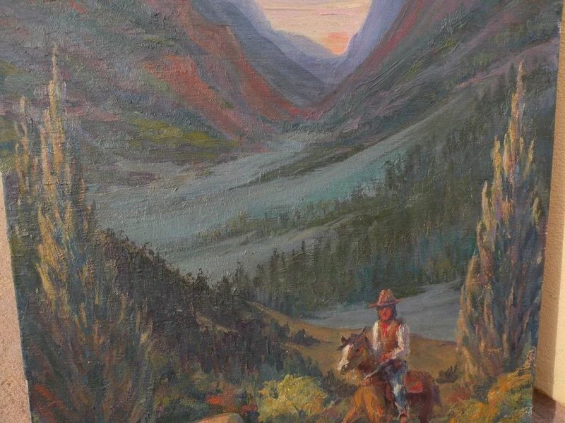 Western American art signed impressionist painting of cowboy and horse in dramatic canyon