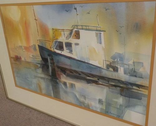 California art artist signed watercolor impressionist painting of boat at dock
