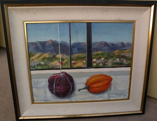 Signed painting contemporary still life in a landscape