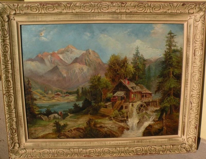 Signed dated 1914 painting of a mill in mountainous European landscape