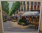 Colorful impressionist Spanish contemporary painting of flower stall in European town