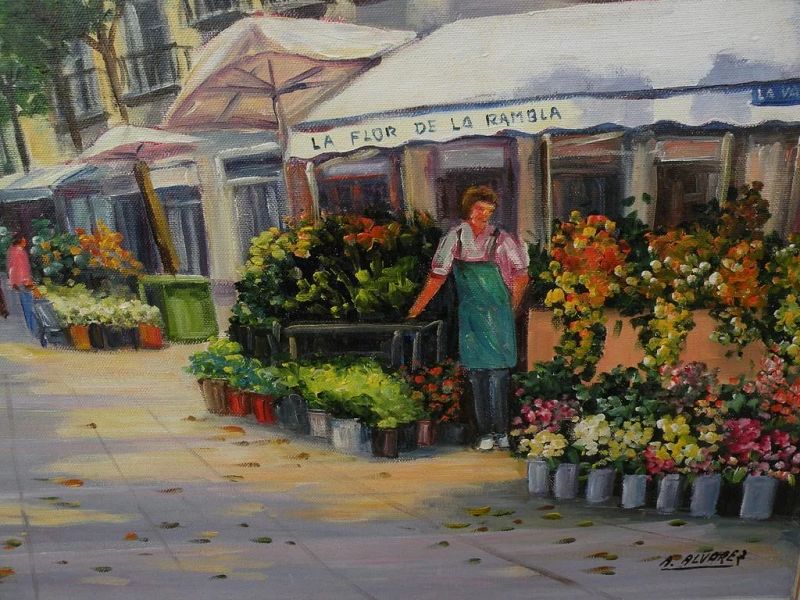 Colorful impressionist Spanish contemporary painting of flower stall in European town