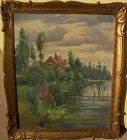Vintage impressionist European signed painting pond home nice framing