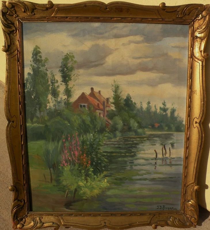 Vintage impressionist European signed painting pond home nice framing