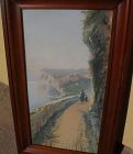 GIOVANNI BATTISTA (1858-1925) Italian art signed gouache coastal landscape painting with figure