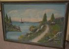 American folk art 20th century naive landscape painting with fisherman, cabin and boat