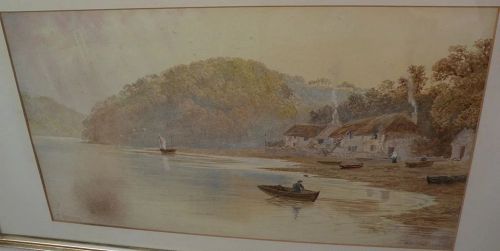 F. WALTERS 19th century English watercolor landscape painting of the River Dart