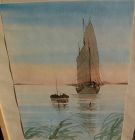 Contemporary Asian signed watercolor painting of Chinese junk reflected in calm waters