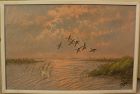 Signed large impressionist painting ducks flying over a marsh