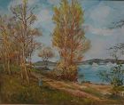 Impressionist landscape painting figures on forested path by lake signed UDKO