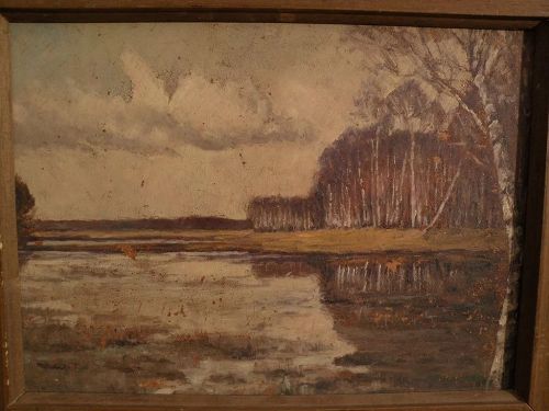 Impressionist older painting of white birch trees by a pond