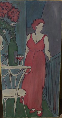 Decorative impressionist painting elegant lady on a terrace style of Matisse