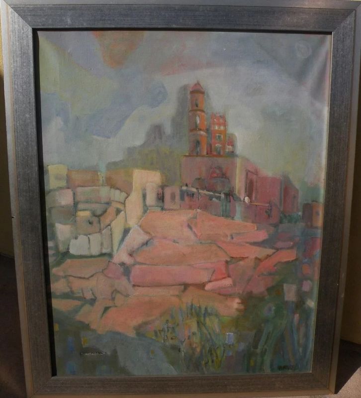 Modernistic painting of a southern European hilltop town