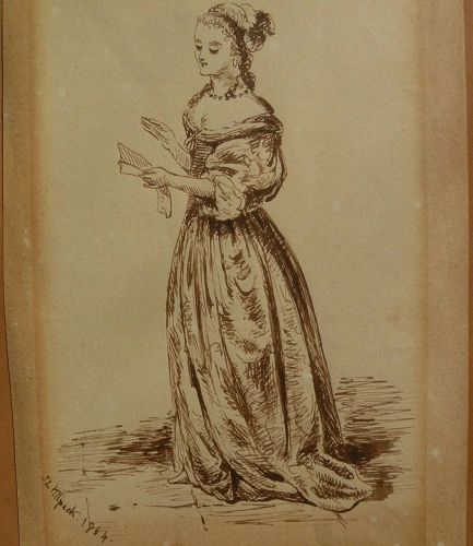 SARAH LOUISA KILPACK (1840-1909) small sepia ink drawing of a lady by listed English artist