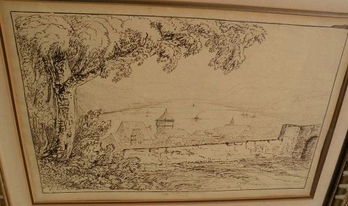Old Master style early 19th century sepia ink drawing of Rhine River near Bacharach Germany