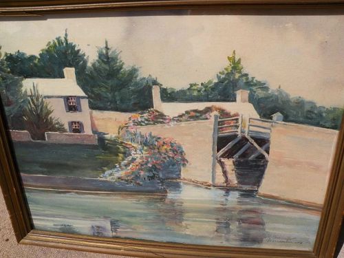 Vintage Bermuda art signed watercolor painting of Somerset Bridge dated 1942