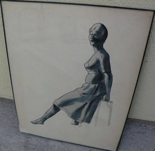 Vintage watercolor and ink drawing of a lady circa 1935