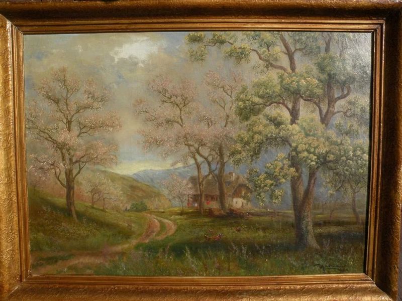 MAX LICHTMANN German 1920 signed oil painting of traditional house in forested landscape‏