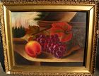 American 19th century still life painting of grapes and a peach with a view beyond