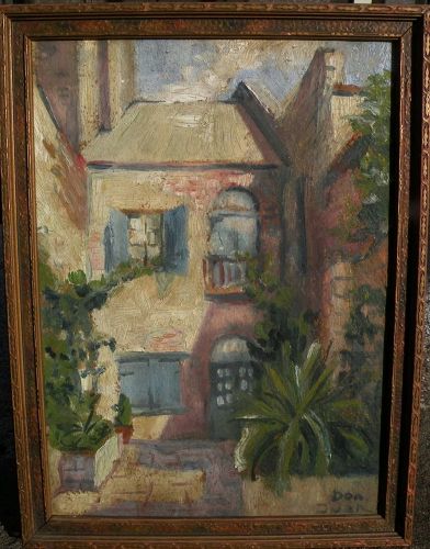 New Orleans Louisiana art signed painting of courtyard circa 1920