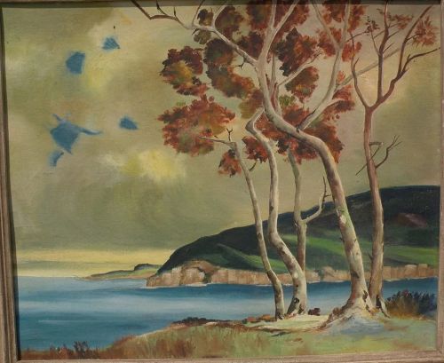American mid 20th century landscape painting of a coastline with trees in autumn