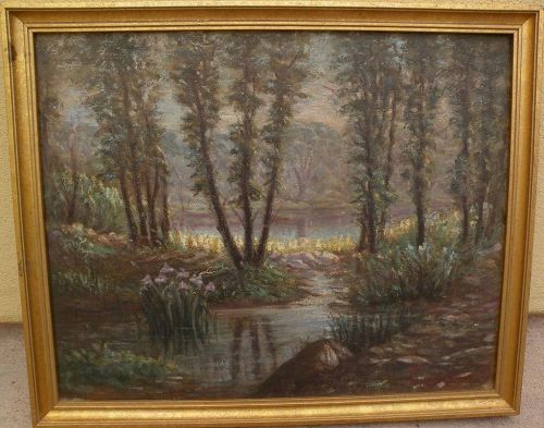 American vintage impressionist painting view through the trees signed Chatterton
