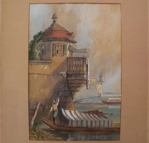 Antique 19th century Eastern European watercolor of house by a waterway