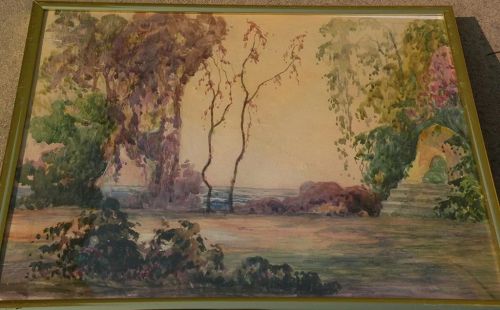 Fine impressionist watercolor painting of trees in an extensive landscape