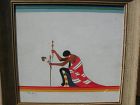 Native American art circa 1950 dramatic painting of kneeling figure signed by artist Red Hat