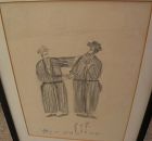 HARRY LIEBERMAN (1876-1983) naive style Judaica pencil drawing of two men in traditional dress by acclaimed Jewish artist