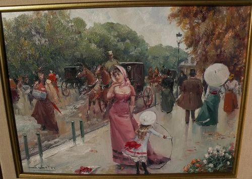 JUAN SOLER (1951-) fine contemporary impressionist painting of 19th century Belle Epoque French park scene with figures in style of Jean Beraud