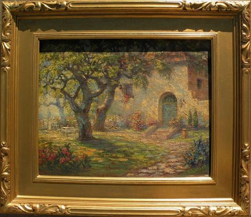 OTTO CLASSEN (1868-1939) vintage California impressionist art painting of Spanish style home and yard