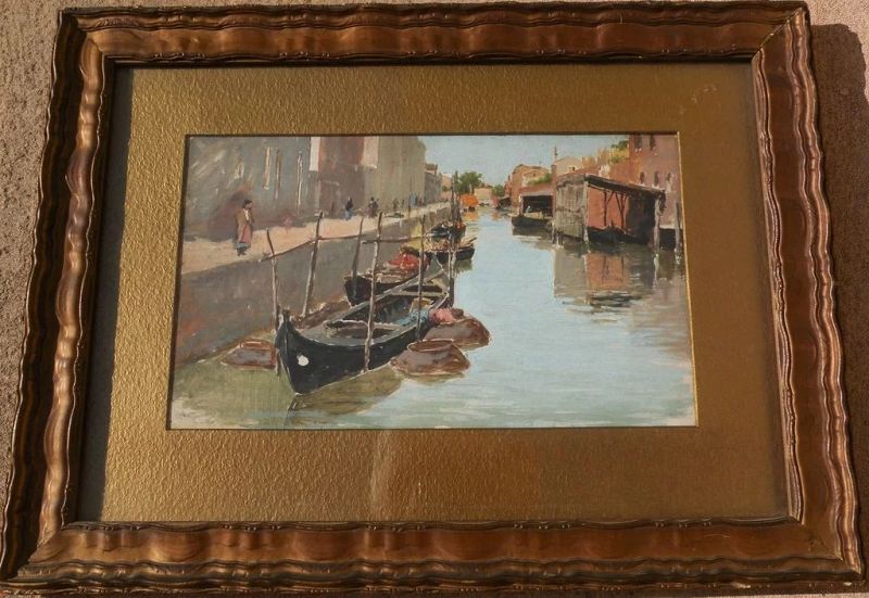 Antique impressionist oil on board painting of Italy canal