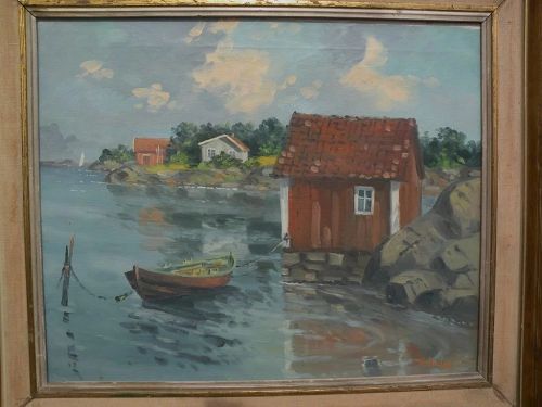 Signed impressionist European art landscape of lakeside summer cottages